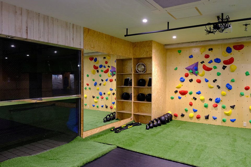 クライミングウォールと人工芝を備えたFitcore Proのスタジオ